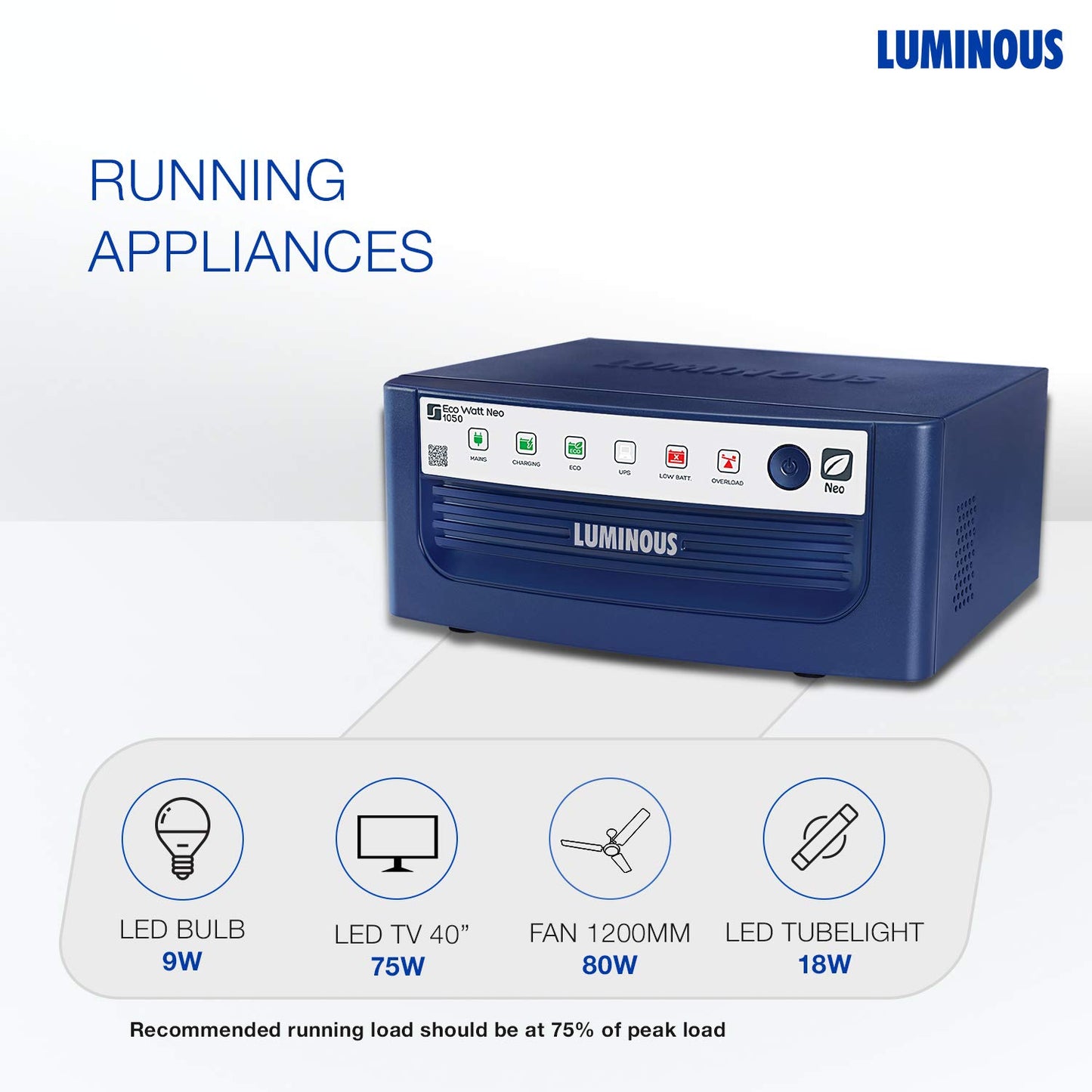 Luminous Eco Watt Neo 1050 Square Wave 900VA/12V Inverter for Home, Office and Shops