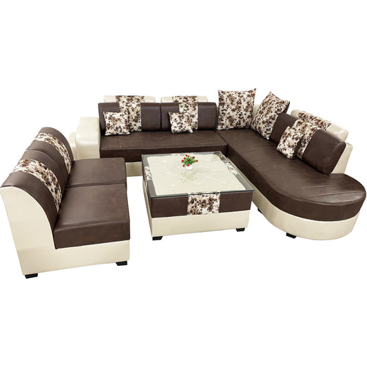 SS3001 Sofa Set L-Shaped Medium Size Brown-White with Central Table