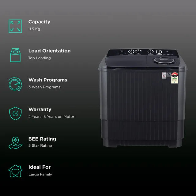 LG 11.5 Kg 5-Star Semi-Automatic Top Loading Washing Machine (P115ASKAZ, Middle Black) with Wind Jet Dry, Rat Away Technology