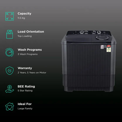 LG 11.5 Kg 5-Star Semi-Automatic Top Loading Washing Machine (P115ASKAZ, Middle Black) with Wind Jet Dry, Rat Away Technology