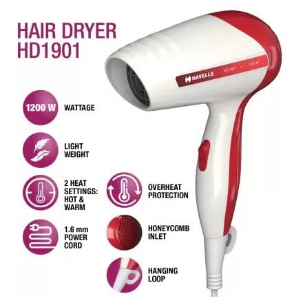 Havells Hd1901 Hair Dryer (1200 W, White & Red) - 1200 Watts