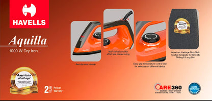 Havells Aquilla 1000W Dry Iron (Orange/Black)