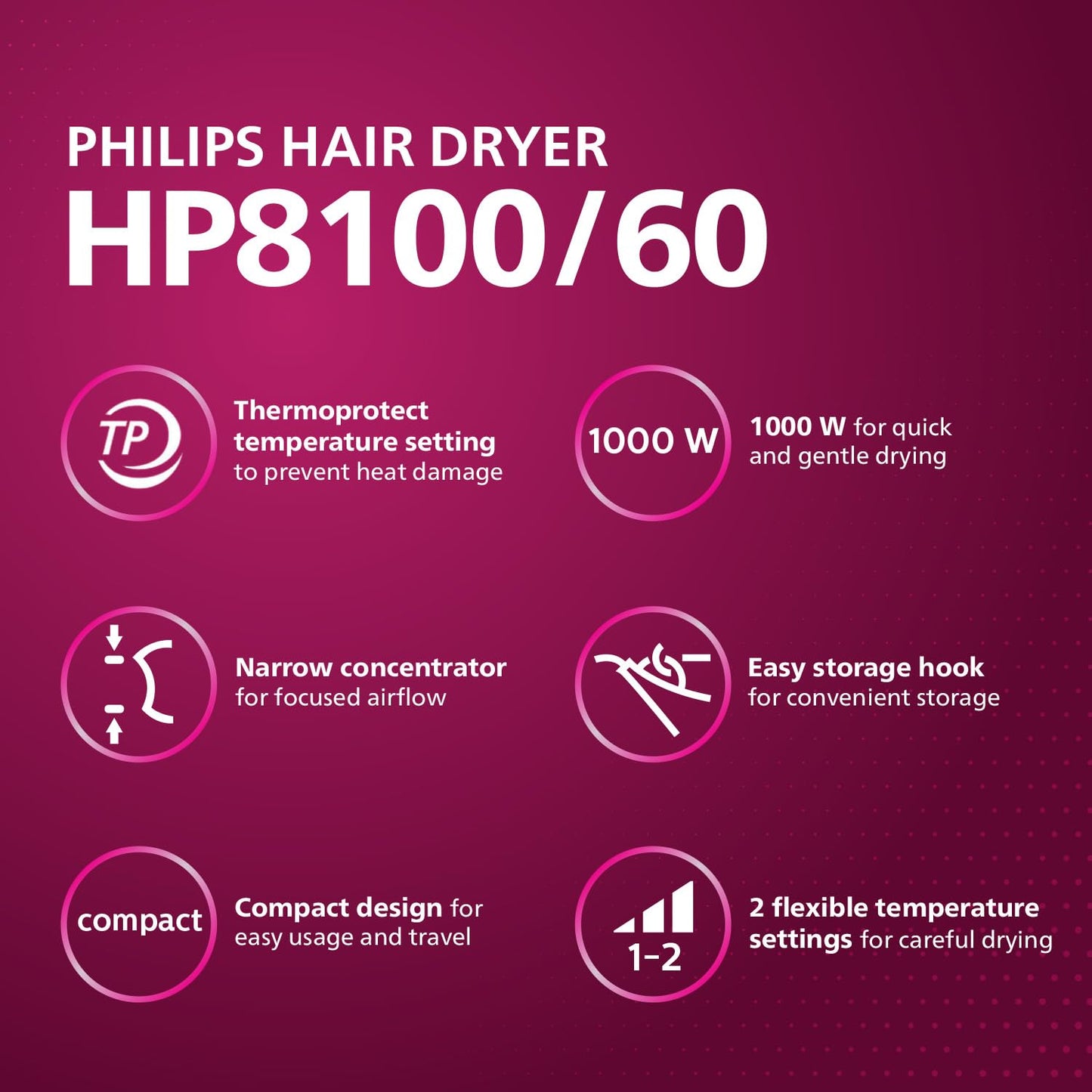 Philips HP8100/60 Compact Hair Dryer| 2 Flexible heat setting| ThermoProtect prevents overhearting | 1000 Watts- Blue