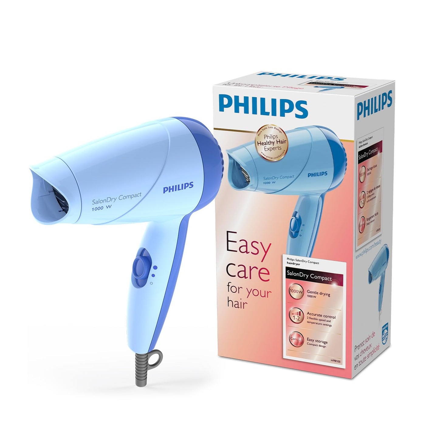 Philips HP8100/60 Compact Hair Dryer| 2 Flexible heat setting| ThermoProtect prevents overhearting | 1000 Watts- Blue