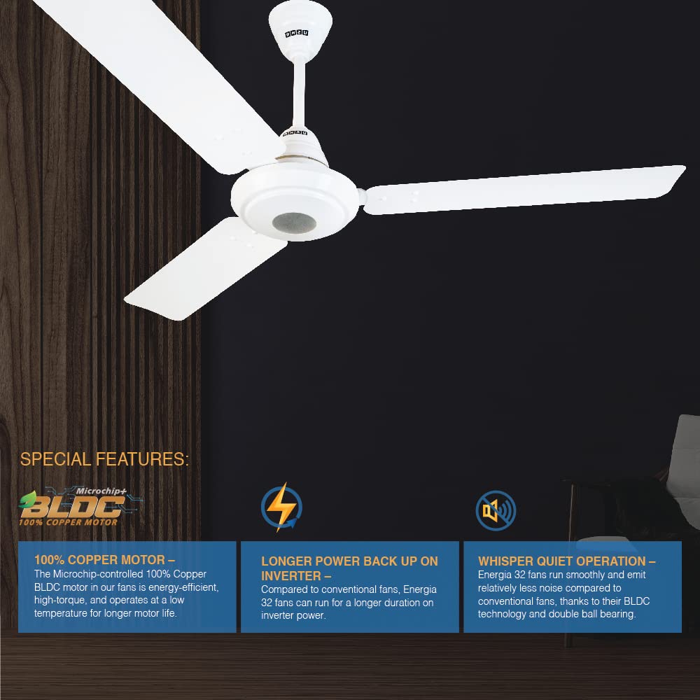 USHA Energia 32W 1200MM 5 Star High Speed BLDC Ceiling Fan With Remote Control (Rich White)