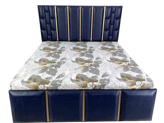 DB1012 Double Bed 6FT (Blue Leather, Golden Polished Strips)