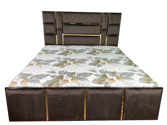 DB1007 Double Bed 6FT (Chocolate Velvet Fabric, Golden Strips)