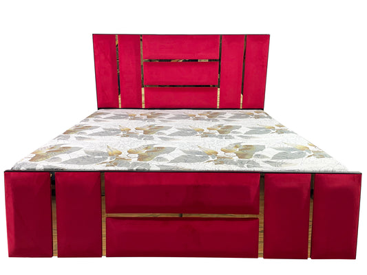 DB1005 Double Bed 6FT (Red Velvet Fabric, Golden Strips)