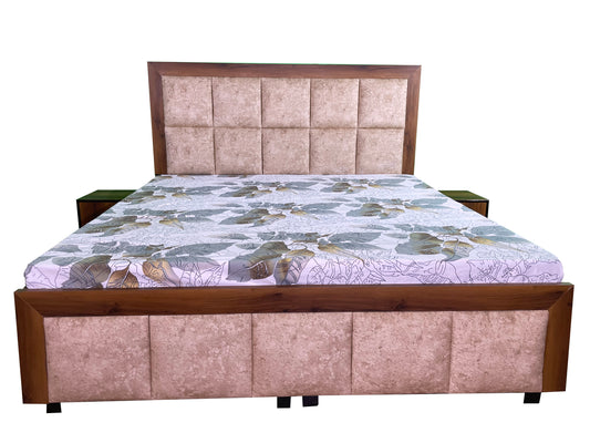 DB4003 Double Bed 9FT (Fully Wooden Mica, Golden Suede Fabric) with side Tables